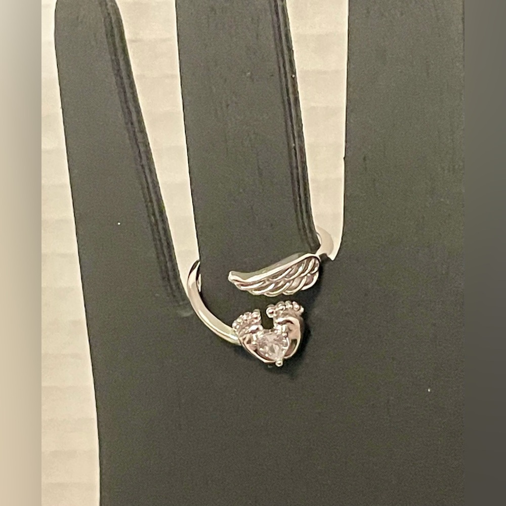👣🪽Mommy of an Angel / Footprints wings😇 Stamped S925 Silver Adjustable Ring NWT - Picture 6 of 11
